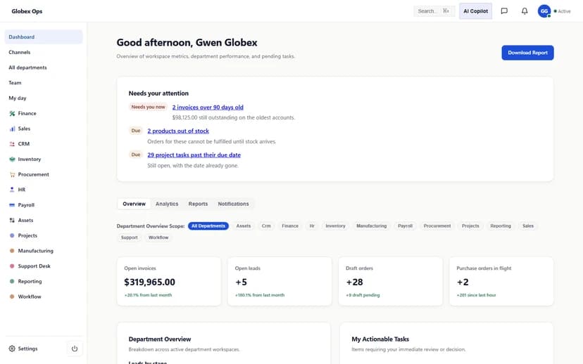 Atlas tenant workspace preview from the official product website, with invoices, leads and orders.