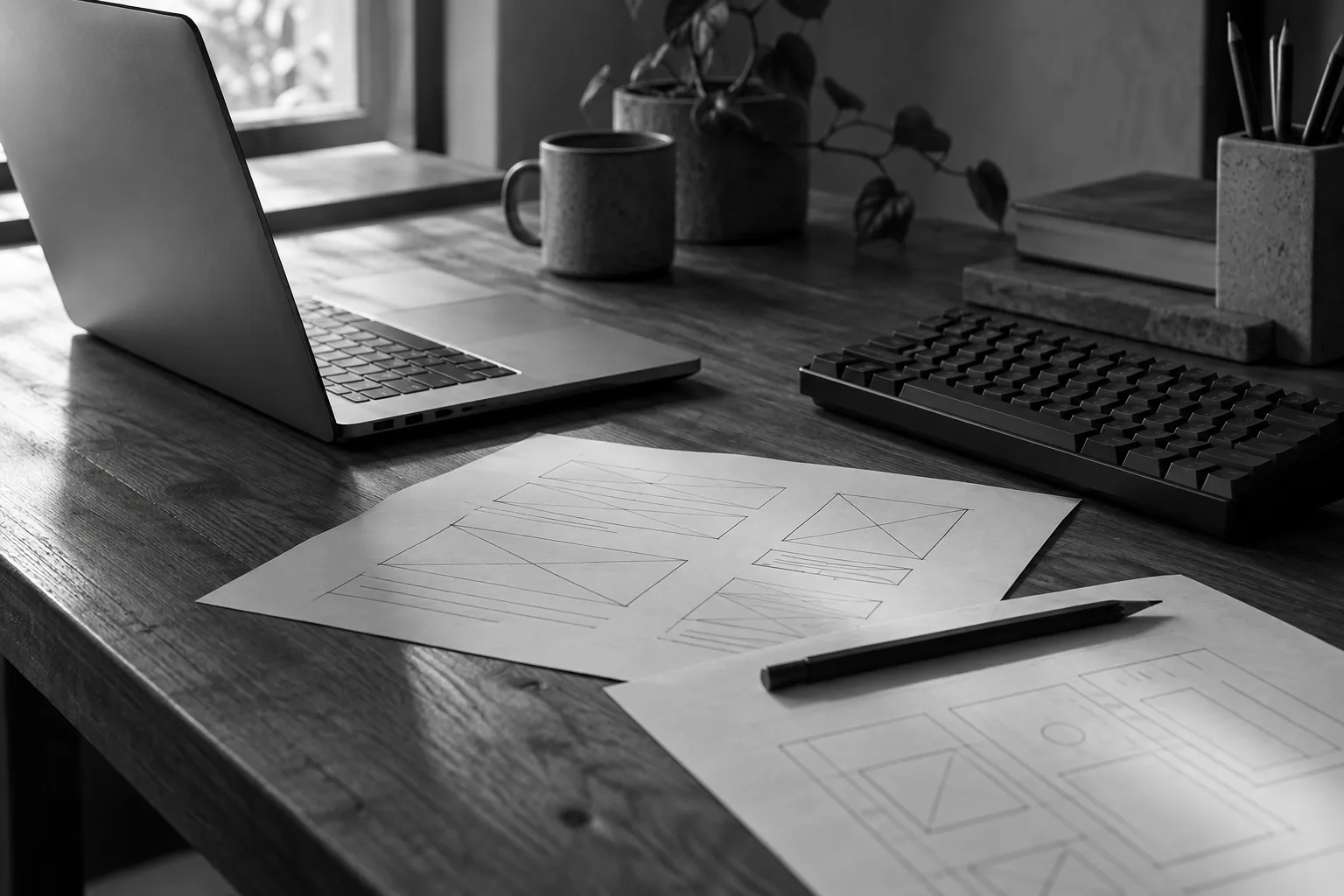 Black-and-white editorial scene of a laptop, keyboard and paper interface sketches.